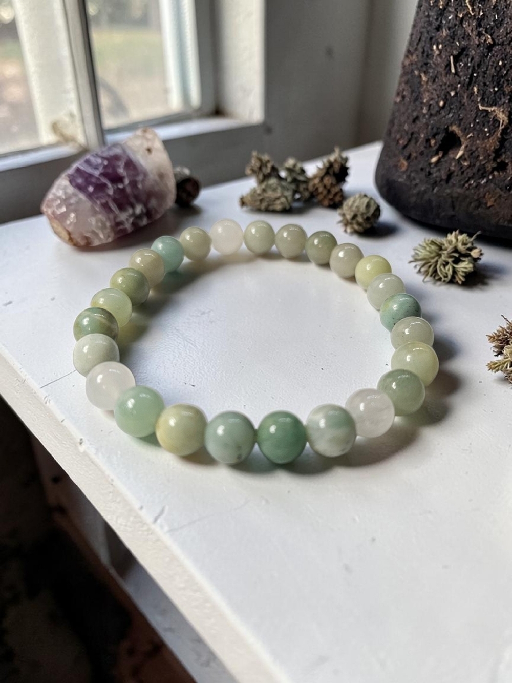 Natural Green Jade Beaded Bracelet - Unbranded